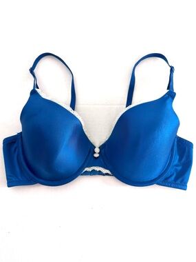 MAIDENFORM Sweet Nothings 36C Teal Blue Underwire T-Shirt Bra White Lace Trim